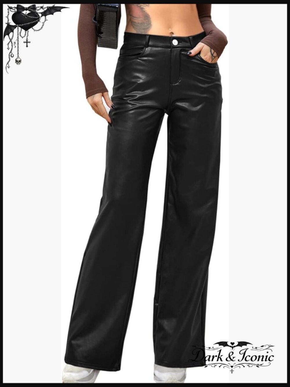 Faux Leather High Waist Wide Leg Pants with Pockets Y2K Straight Leg PU Leather